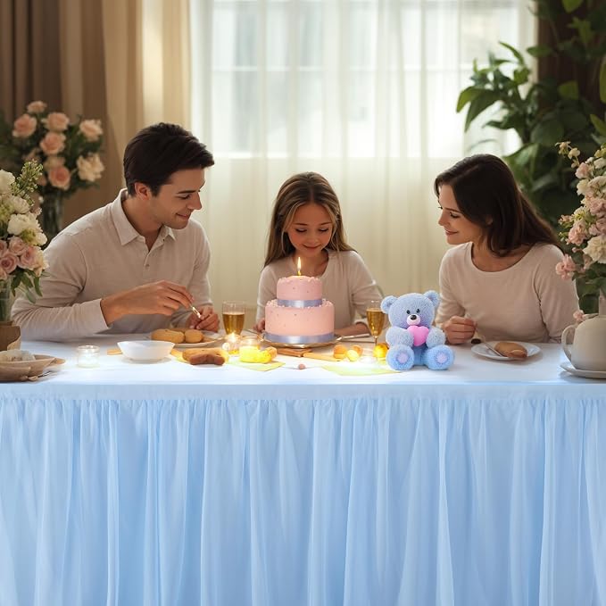 Baby Blue Tulle Tablecloth Table Skirt for 6 Foot Rectangle Tables with Ruffle Tutu Design for Wedding Reception Party Birthday, 4 Pack, 6ft Spandex Fitted Table Cover