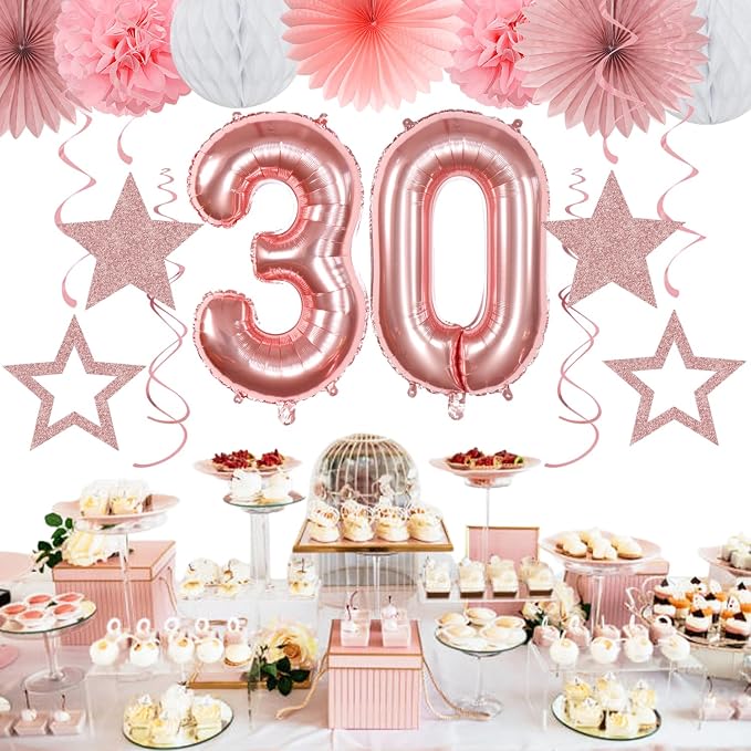 Rose-Gold Pink White Women 30th Happy Birthday Party Decorations Hugmoon | 21pcs Kit 30th Balloon,Cute Girl Banner,Streamers,Tissue Paper Pom Poms Flowers Fans,Birthday Garlands Decor Backdrop