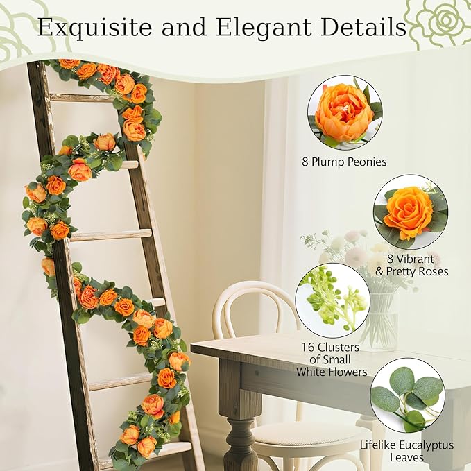 Lewondr Artificial Eucalyptus Garland with Flower - 8 Rose 8 Peony, 2Pcs 13FT Faux Floral Greenery Garlands Fake Flowers Vines, Maintenance-Free for Table Shelf Backdrop Party Room Decor, Orange