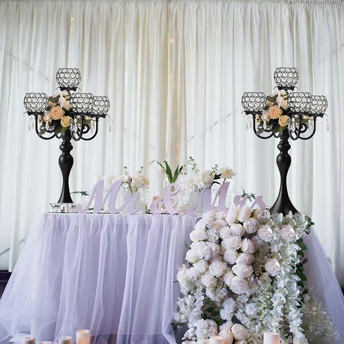 22.5" Black Metal & Crystal Tea Light Candle Holder - Wedding, Party Centerpiece for Events, Decorative Chandelier (1, Black)