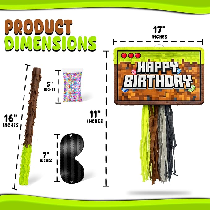Jergrim Mining Pixel Pinata 4 Piece Set, Perfect For Happy Birthday Decorations, 16"x11" Piñata Level Up, Gaming & Video Game Celebrations For Boys, Fits Party Favors & Candy