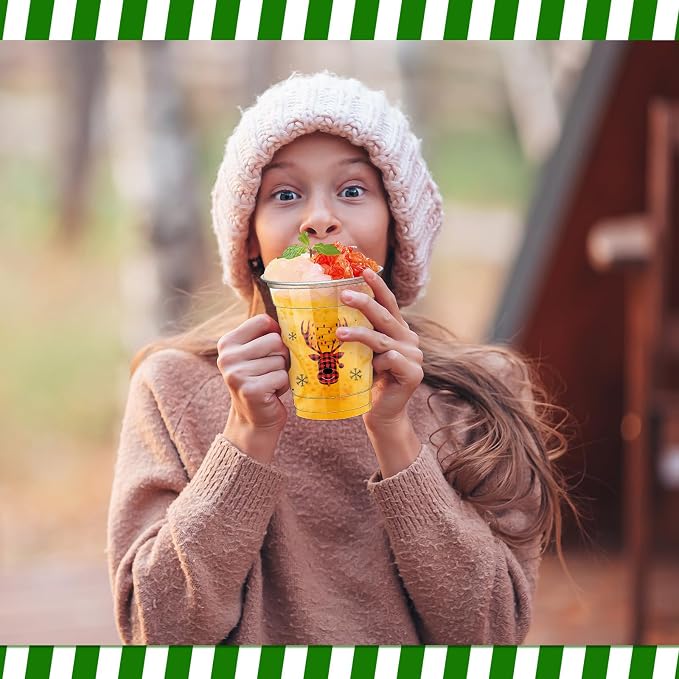 FoldTier 50 Pcs Merry Christmas Buffalo Plaid Plastic Cups - 12 oz Clear Disposable Drinking Cups for Home Xmas Theme Party Favors & Kitchen Supplies
