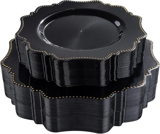COLOSUS 60pcs Black and Gold Plastic Plates Set, Gold Black Party Plates, 30pcs Dinner Plates and 30pcs Salad/Dessert Plates for Wedding, Party, Anniversary, Daily Use