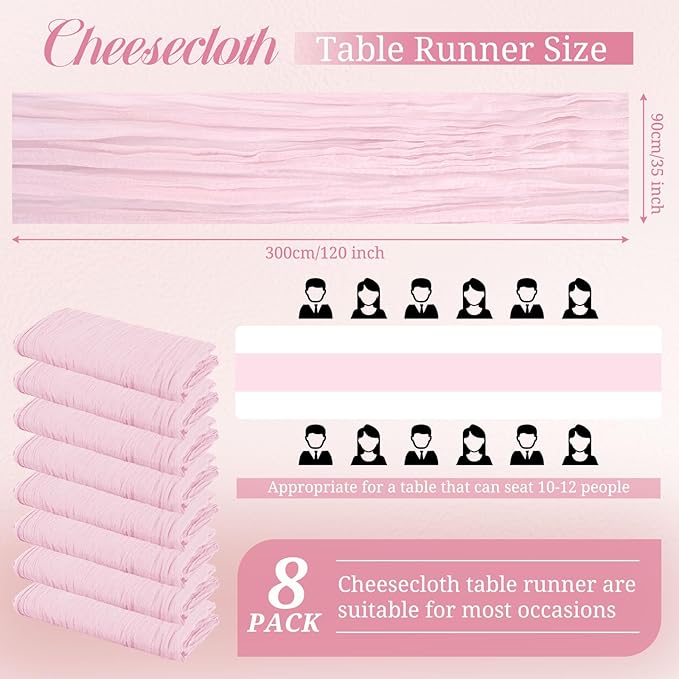 8 Pack Cheesecloth Boho Gauze 35120 Inch Rustic Romantic Long Table Runner for Wedding Party Bridal Shower Thanksgiving Christmas Decoration(Light Pink)