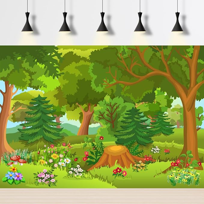Cartoon Forest Backdrop Fairytale Jungle Forest with Flowers Mushroom Photography Background for Birthday Party Decorations Baby Shower Kids Game Portrait Photoshoot Photo Background Props 15x10ft