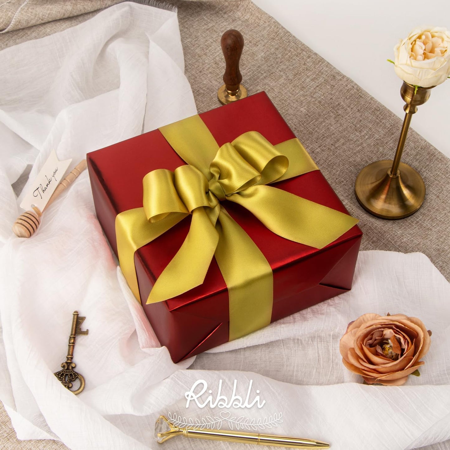 Ribbli Gold Double Faced Satin Ribbon,1-1/2” x Continuous 25 Yards,Use for Bows Bouquet,Gift Wrapping,Wedding Decoration