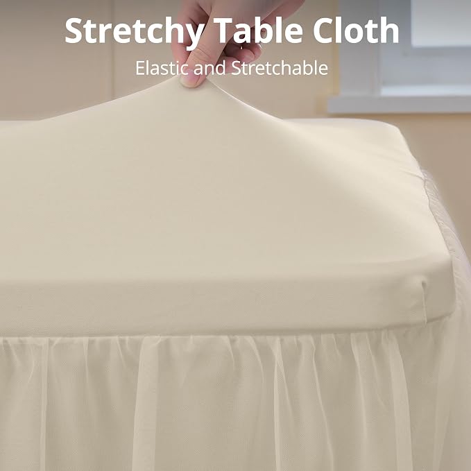 leegleri 2 pk 6ft Champagne Tulle Tablecloth for Rectangle Tables, 2-in-1 Table Covers with Tulle Skirt,Wrinkle Free Stretchy Ruffle Tulle Table Cloths Fitted for Wedding Party Banquet Vendor