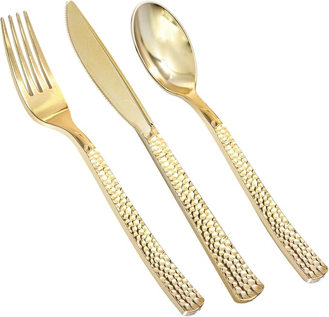 Supernal 180pcs Gold Plastic Silverware Set, Heavy Duty Disposable Cutlery for 60 Guests，Hammered Gold Utensils with 60 Forks, 60 Spoons, 60 Knives for Wedding, Party & Catering