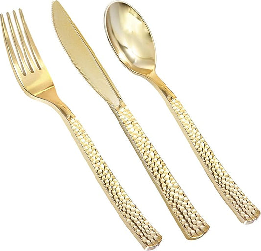 Supernal 360pcs Gold Plastic Silverware Set - Heavy Duty Disposable Cutlery (120 Forks, 120 Spoons, 120 Knives) - Elegant Hammered Finish, Premium Plastic Flatware for Weddings, Parties & Catering