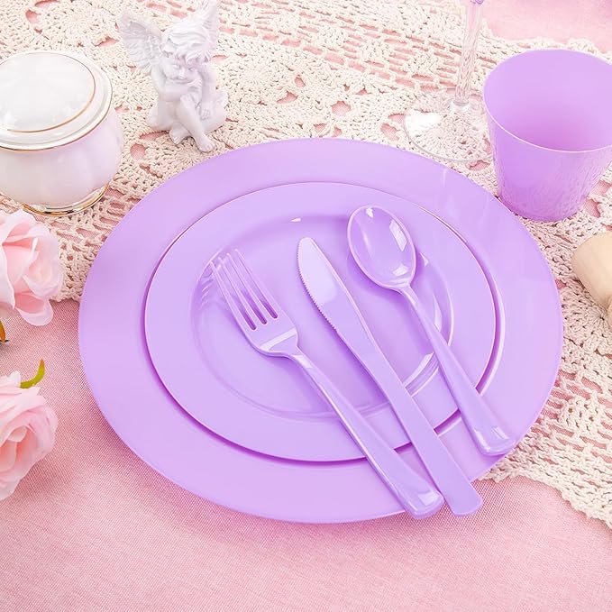 KIRE 150 PCS Purple Plastic Plates - Purple Dinnerware Set Disposable 25 Dinner & 25 Salad Plates 25Forks 25Knives 25Spoons 25Clear Cups for Birthday/Baby Shower/Easter/Spring