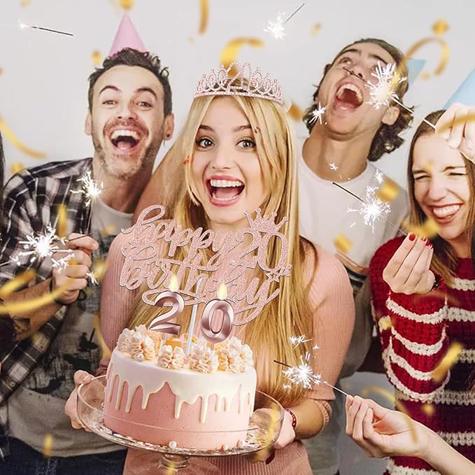 20th Birthday Decorations for Women, Including 20th Birthday Sash and Tiara, Cake Topper and Candles, Number Balloons, 20 Year Old Gifts for Women