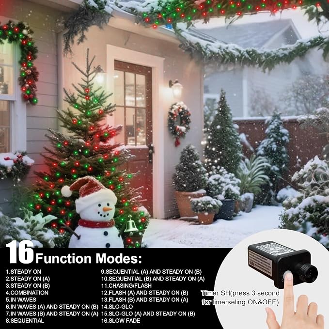 LAMPHOME 99ft Christmas Decorative Mini Lights, 300 LED Transparent Wire Fairy Starry String Light Plug in, 16Lighting Modes for Indoor Outdoor Xmas Tree Wedding Party Decoration (Red and Green)