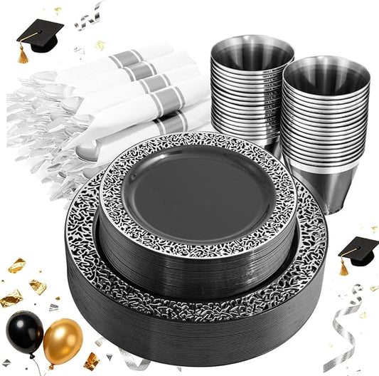 NOCCUR 210PCS Black and Silver Dinnerware Set for 30 Guests - Black Plastic Plates with Silver Rim Include 30 Dinner / 30 Dessert Plates, 30 Prewrapped Silverware, 30 Cups Ideal for Party/Graduation