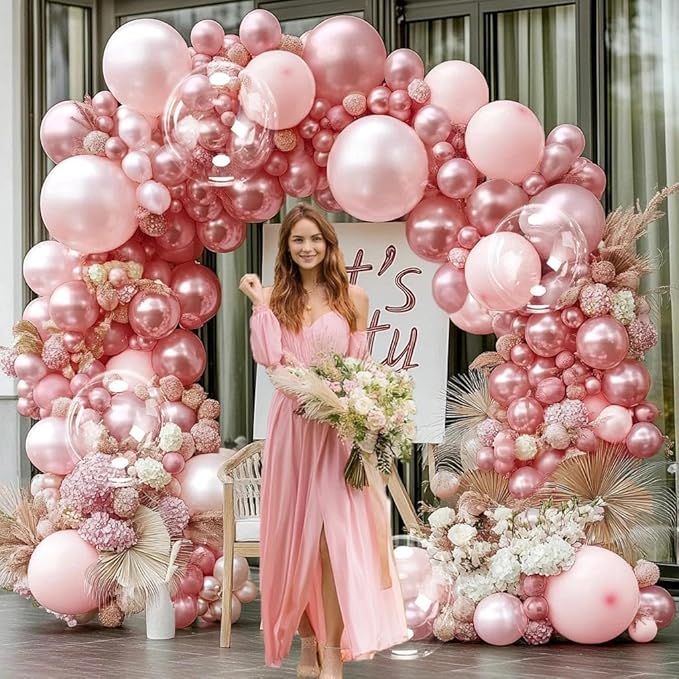 Pearl Pink Balloon Arch Double Stuffed Pearl Dusty Rose Pink Balloon Garland Kit Blush Balloons Different Size With Clear Balloons for Birthday Wedding Valentines Day Bridal Baby Shower Party Decor