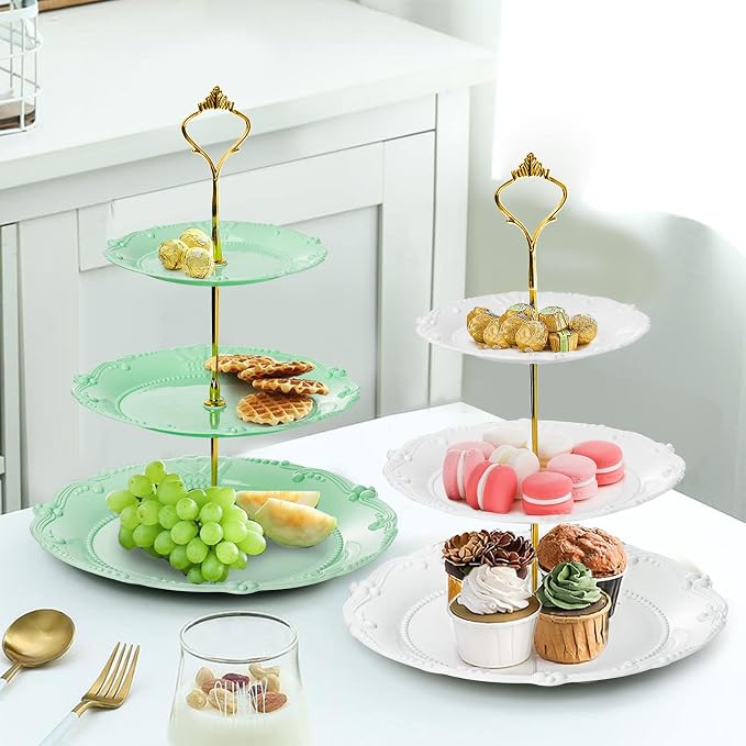 Fasmov 3 Pack 3 Tier Plastic Cupcake Stand, Dessert Plates Cake Fruit Candy Display Tower Reusable Pastry Platter for Wedding Birthday Baby Shower Tea Party Decorations - White Pink Green