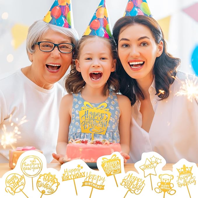 150 Pcs Happy Birthday Cake Toppers Acrylic Cake Topper Glitter Birthday Cake Decorations Double Sided for Adults Various Cake Decoration Party Supplies(Gold,Retro)