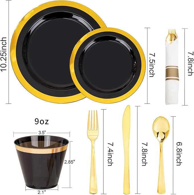 YOUBET 350PCS Black and Gold Plastic Plates - Gold Disposable Dinnerware Sets for 50 Guests - 100 Plastic Plates, 150 Gold Silverware, 50 Cups, 50 Pre Rolled Napkins for Party & Wedding Graduation
