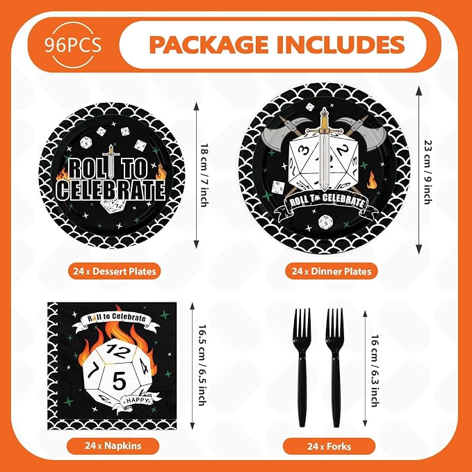 96Pcs D20 Dice Party Supplies Dungeons Theme Game Dragons Dice Plates and Napkins Roll to Celebrate Tableware Set for Men Boy Husband D20 Role-Playing 20th Birthday Game Party Decor Serve 24