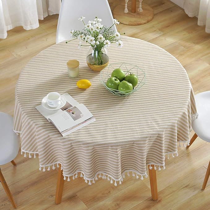 meioro Round Tablecloth Stripe Tassel Table Cloth Cotton Blend Dust-Proof Table Cover for Dining Circle Coffee Side End Card Tables, Parties Holiday Indoor Outdoor Use (Beige Stripes, 39 Inch)