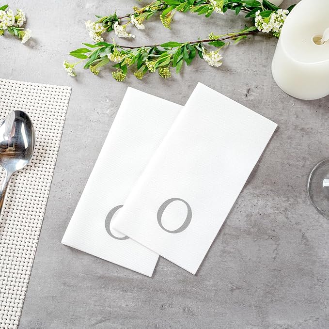 Luxenap 15.8 X 7.9 Inch Linen-Feel Guest Towels, 50 Lettered Hand Towels - Silver Letter 'O', Sans Serif Font, White Paper Dinner Napkins, airlaid, For Restrooms And Tables - Restaurantware