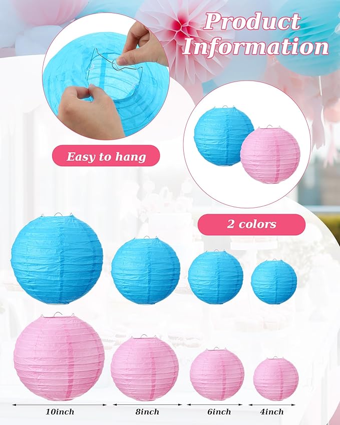 Treela 48 Pcs Paper Lanterns Party Decorations Chinese Round Paper Decor 4/6/8/10 Inch Asian Hanging Lamps Decorative for Graduate Wedding Birthday Party Bridal Parties Supplies(Pink and Blue)