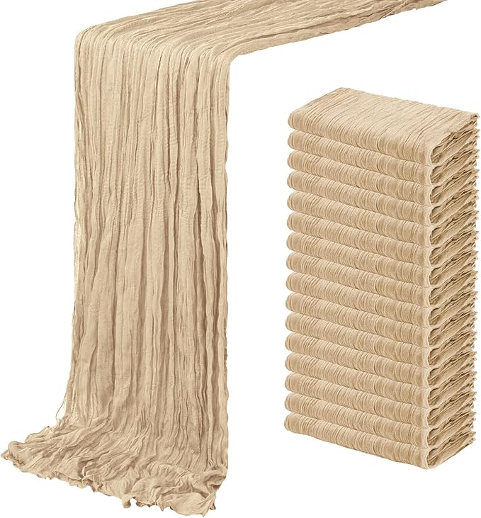 16 Pack Beige Cheesecloth Table Runner 20 x 120 inch Gauze Table Runners 10 FT Long,Semi Sheer Boho Cheese Cloth Fabric Table Runner Bulk for Party,Wedding,Baby Shower,Bridal Shower Decoration