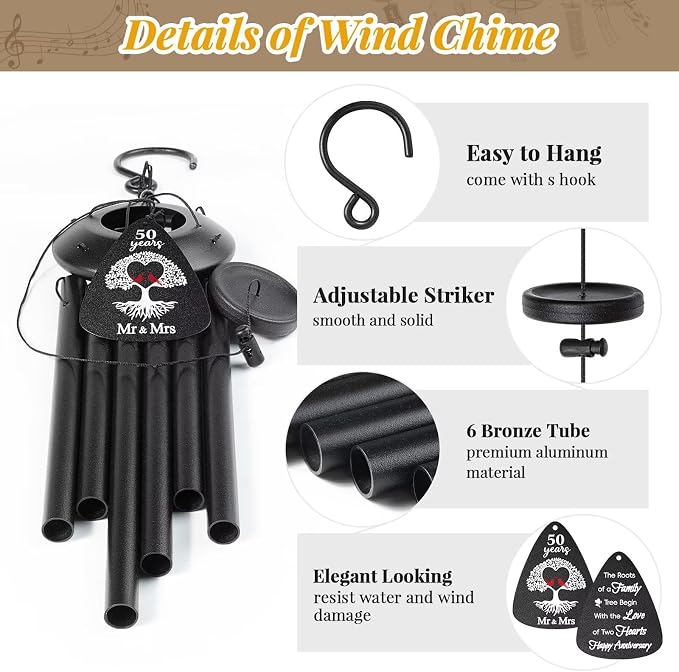 50th Anniversary Wind Chimes Gifts for Men Women,Romantic 50 Year Anniversary for Couples, Wife, Husband, Parents, Friends, 50th Wedding Gifts Idea of Happy Anniversaries Decorations,Black
