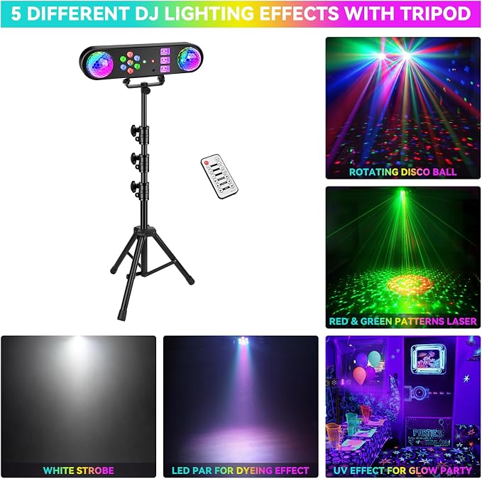 DJ Party Lights with Stand: Complete 5IN1 Light Bar System - Sound Activated Disco Ball UV Blacklight Strobe LED Par & Pattern Lights - Tripod Stand for House Parties Mobile DJs Christmas Lighting