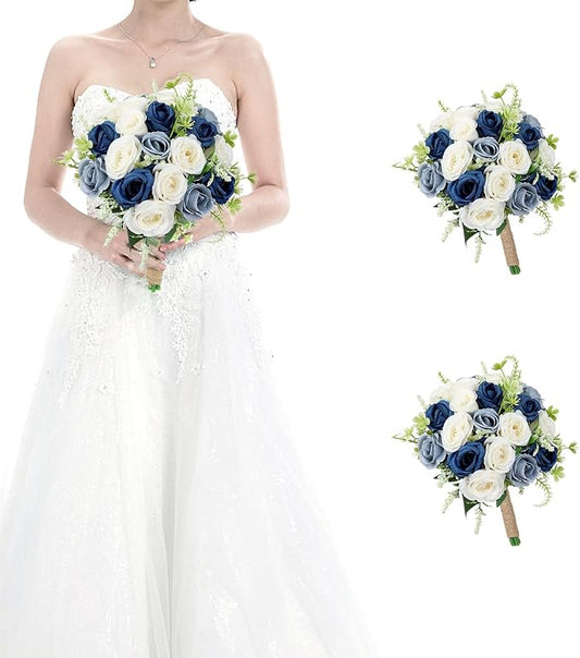 Set of 2 Bridesmaid Bouquets for Wedding - 7 Inch Artificial Flower Bouquet for Party Ceremony Anniversary Dinning Table Centerpieces Decor -Navy Blue & Dusty Blue & White