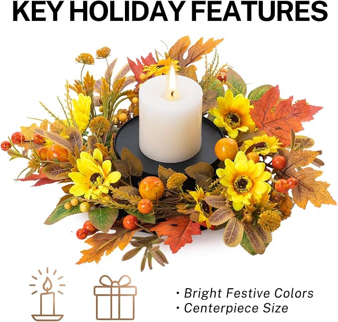 MOYEE Autumn Centerpieces for Tables Candle Ring, Black Metal Candlestick with an Artificial Wreaths 14 in Versatile Dining Table Centerpiece Decor (Yellow Sunflower Wreath)