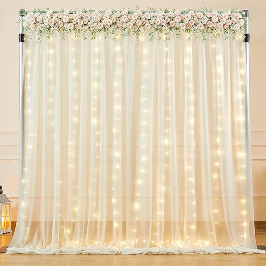 10x10ft Ivory Tulle Backdrop Curtain with Lights String for Wedding, Wrinkle Free Sheer Curtain with Lights for Baby Shower, Tulle Backdrop Drapes for Birthday Party Photo Shoot (5 x 10ft,2 Panels)