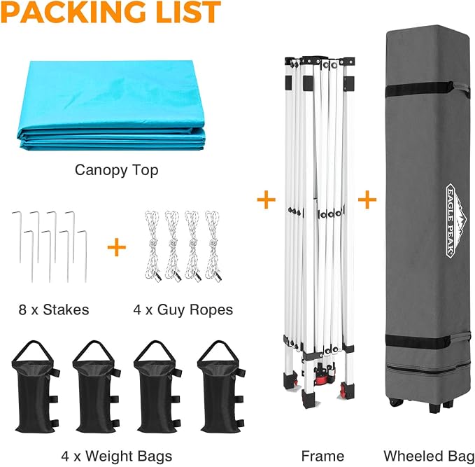 EAGLE PEAK Pop Up Canopy Tent with Wheeled Carry Bag, 8 Stakes, 4 Ropes, 4 Weight Bags, Easy Set Up Tent Canopy, 10x10 ft, 100sqft of Shade, Light Blue