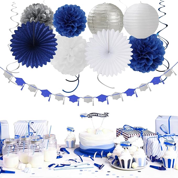 Navy-Blue White Silver Graduation Party-Decorations Garland - 31pcs Congrats Grad Class 2026 Banner,Hat Hanging Streamers,College High School Congratulations Master Classroom Backdrop Decor Burgleda