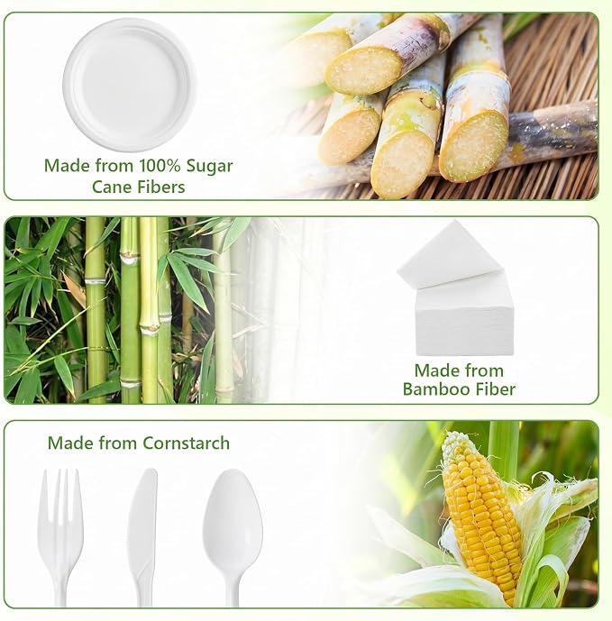 500Pcs Compostable Paper Plates Set Party Supplies Severs 100 Guests Disposable Party Plates Heavy-duty Utensil Disposable Party Plate Fork Knives Spoon Napkin Dinnerware for Birthday Wedding Camping
