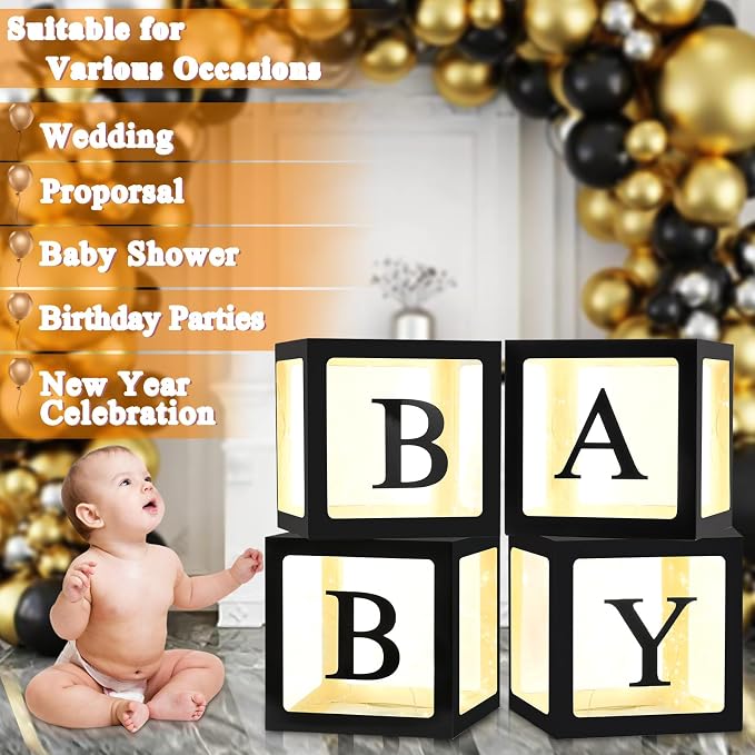 Ledido Baby Boxes with Letters for Baby Shower Decorations, 4 Pcs Transparent Balloon Boxes Blocks with Fairy String Lights, Clear Balloon Boxes for Boy Girl Gender Reveal 2026 HOCO Party Decor(Black)