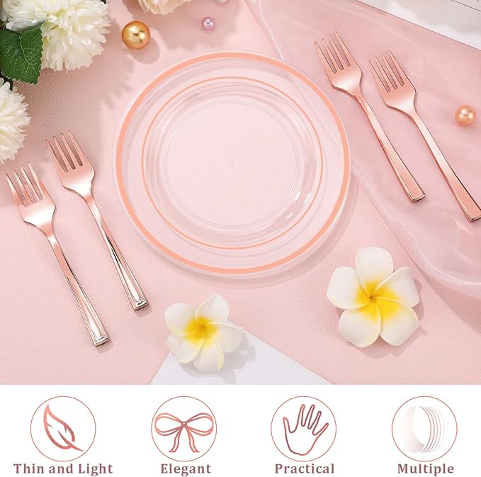 300 Pcs Rose Gold Plastic Dessert Plates Set 150 Clear Disposable Dessert Plates 6 Inch and 150 Plastic Appetizer Forks for Wedding Birthday Party Baby Bridal Shower(Rose Gold)