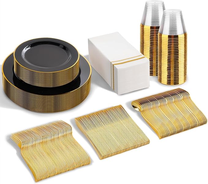 SUT 175 Piece Black and Glod Plastic Dinnerware Set for 25 Guests, Disposable Plastic Plates, Include: 25 Dinner Plates, 25 Dessert Plates, 25 Pre Rolled Napkins with Silver Silverware, 25 Cups