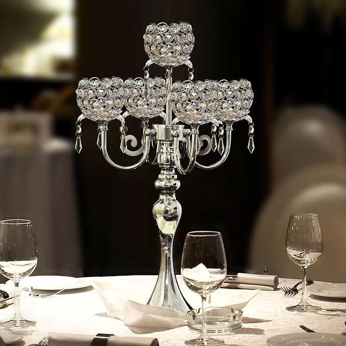 5 Arm Elegant Crystal Candle Holder,Candlestick for Wedding Table Centerpiece, 22 Inch Tall Candle Holder Table Candelabra Event Party Table Centerpiece,Home Decoration. (4, Silver, Round Crystal)