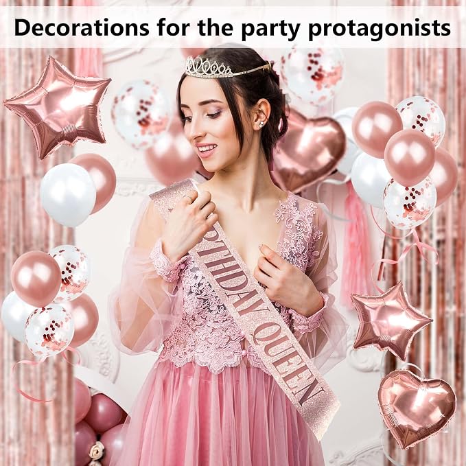 253 Pcs Birthday Decorations For Women, Rose Gold Party Decorations, Happy Birthday Decorations - Balloon Stand Kit, Tableware Kit,Pump, Banner, Tassel Curtain,Balloon, For 25 Guests