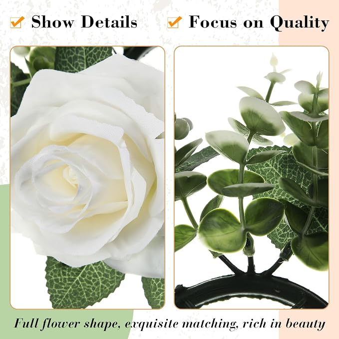Yunlly 20 Pcs Rose Candle Rings with Flameless Candles Sets, Artificial Flower Eucalyptus Wedding Centerpiece 3 Inch Pillar Candleholders Wreaths for Wedding Party Mother's Day (White)