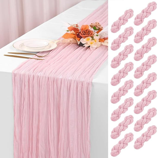 16 Pack Light Pink Cheesecloth Table Runner 120 Inch 10FT Spring Boho Rustic Sheer Gauze Cheese Cloth Table Runner for Wedding Baby Shower Birthday Party Table Decor