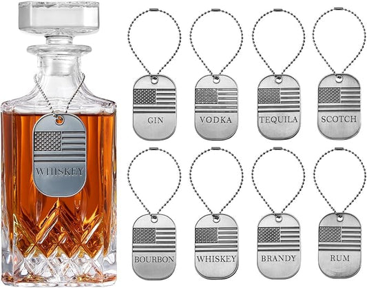 American Flag Decanter Tags Set of 8 - Metal Dog Tag Liquor Labels for Whiskey, Bourbon, Scotch, Vodka, Gin, Tequila, Rum, Brandy, Patriotic Bar Cart Accessories & Military Gift for Men, Birthday Dad