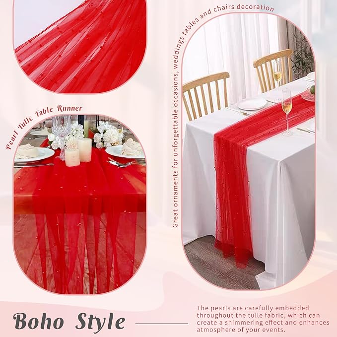 Pearl Table Runner 29 x 120 Inch Tulle Fabric Lace Table Runners for Bridal Shower Birthday Party Wedding Arch Dessert Table Decor(1 Pack, Red)