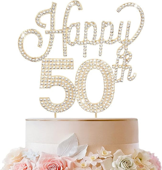 LINGTEER Happy 50th Birthday Gold Rhinestone Cake Topper - Cheers to 50th Birthday Fifty Years Old Anniversary Party Cake Centerpieces Topper Decorations Gift Sign.