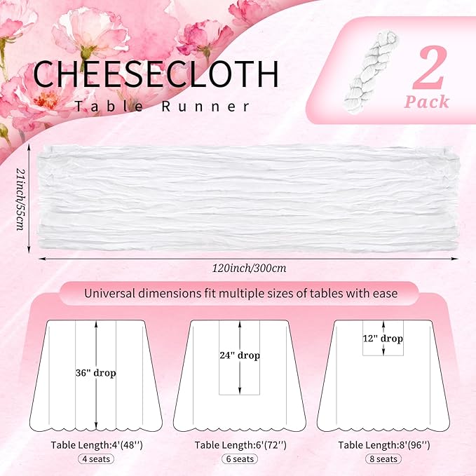 2 Pack Cheesecloth Table Runner 10FT White Table Runner Boho Gauze Cheese Cloth Table Runners Long Rustic Sheer Table Decorations for Wedding Party Baby Bridal Shower Birthday Holiday Home