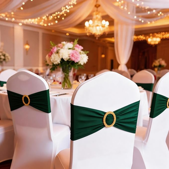 Pack of 50 Spandex Hunter Green Chair Sashes with Gold Buckles, Stretch Chairs Sashes for Wedding Party Baby Shower Decor Chair Bands Bows (Hunter Green Sashes, Gold Buckles)