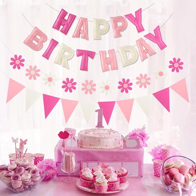 YEOCU Happy Birthday Decorations, No DIY, Pre-Strung 3D Banner | Pink&White, 3D felt banner, flower garland & flags. No DIY, reusable for kids & women.