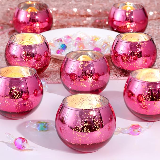 12 Pcs Hot Pink Candle Holders for Barbie Birthday Party Decorations- Summer Bridal Shower Decorations, Votive Candle Holders for Wedding, Pink Candle Centerpieces for Disco, Cowgirl Party
