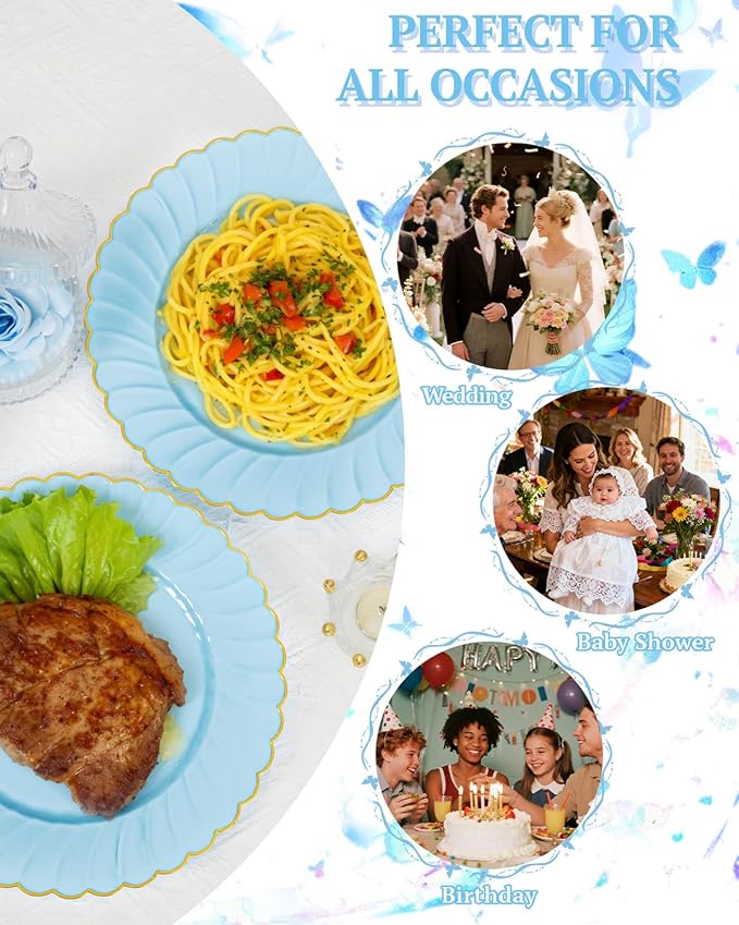 YOUBET 175PCS Blue Scalloped Plastic Plates - Light Blue Disposable Dinnerware Set Include 50 Plates, 75 Gold Silverware, 25 Cups, 25 Napkins for Party & Wedding & Baby Shower