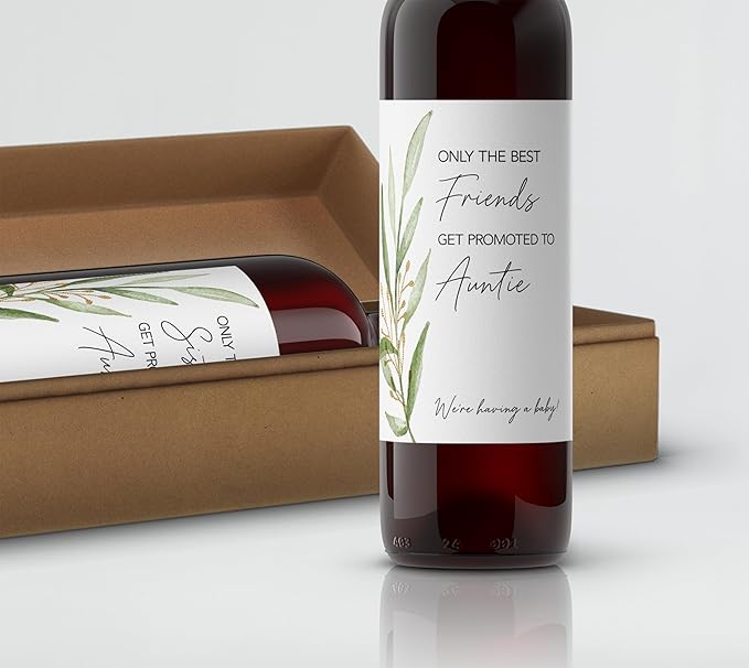 FAMILY & FRIENDS Pregnancy Announcement Wine Labels ● SET of 6 ● 2 Best SISTERS + 4 Best FRIENDS Get Promoted to AUNTIE Label, Baby Reveal Card alternative, Waterproof (Greenery)